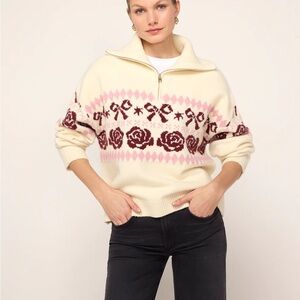 HOUSE OF HARLOW | BNWT Ivory Bow Rose Quarter Zip Sweater